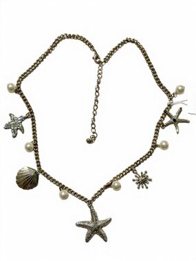 Gold-Tone Sea Shell Starfish Charm Necklace with Faux Pearls 18-21"